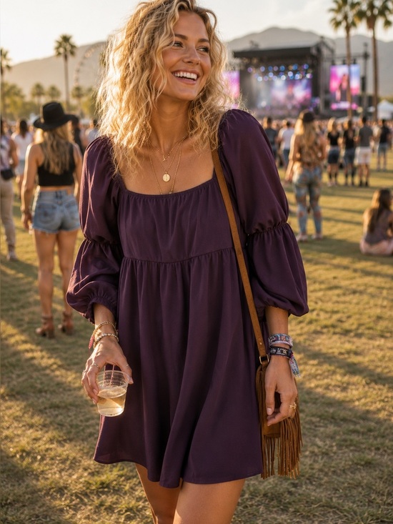 Exlura Dresses & Skirts - Exlura | Plum Purple Smocked Babydoll Puff Sleeve Mini Dress